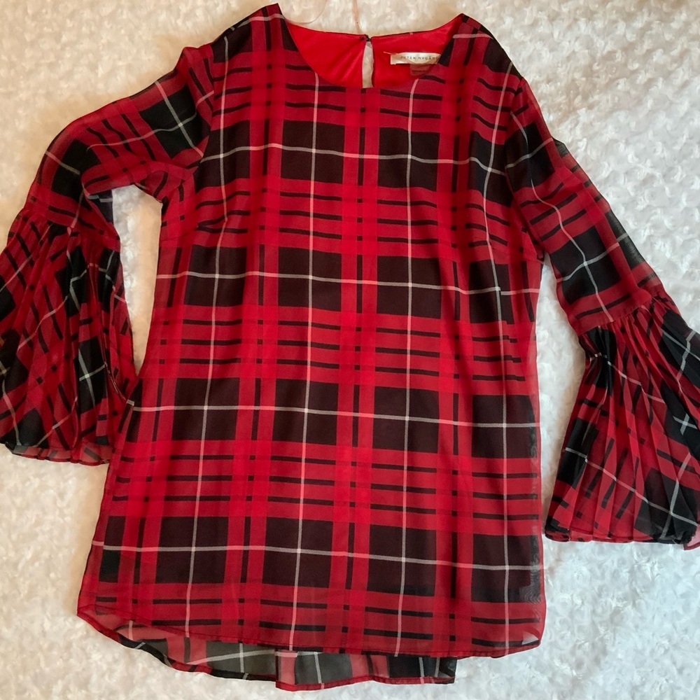 Peter Nygard Blouse Tunic Top Pleated Bell Long Sleeve Large Red Plaid Women’s M